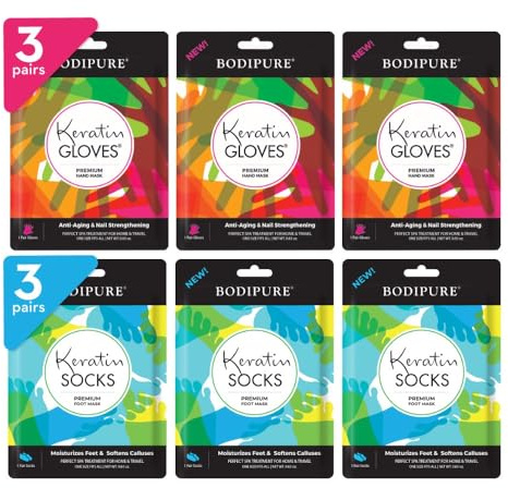 Bodipure Premium Hand and Foot Mask | Moisturizing Kertain Gloves & Socks | Hydrating Dull Dry Hands, Cracked Heels, Callus Softening & Nail Strengthening | Chemical-Free Feet Treatment | (3+3 Pack)