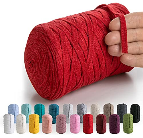 MeriWoolArt® Baumwollgarn Band Rot - 10mm T-Shirt Band Garn für Stricken, Makramee, Häkeln, Weben, Geschenkband - 150 m Baumwollband (Rot)