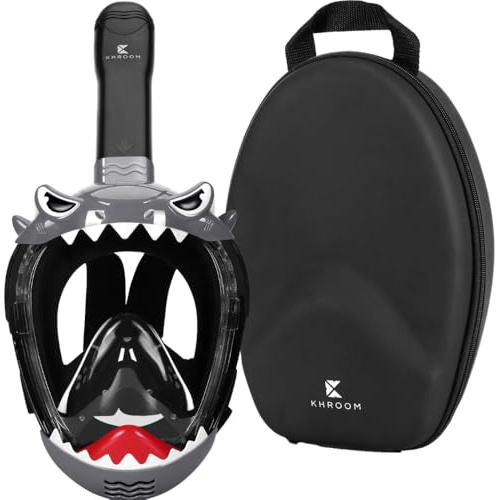 Khroom Masque de Plongée et de Snorkeling pour Enfants dès 3 Ans | Certifié sans Risque de CO2 par TÜV | Masque Intégral avec Tuba | Confort et Sécurité pour la Plongée (Requin Noir+Case)