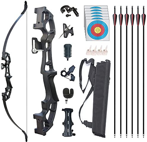 Monleap Archery Recurve Bogen und Pfeile Set für Erwachsene Metall Riser 53 Longbow Kit Rechtshänder gerader Bogen für Anfänger Outdoor Jagd Schießübungen (schwarz 40lb)