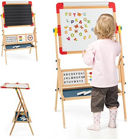 COSTWAY Caballete Pizarra de Madera para Niños, 3 en 1 Pizarra Blanca Caballete Infantil, Bandeja de Almacenaje, Rollo de Papel, Ábaco Educativo, Reloj & Alfabeto, Tablero de Dibujo de Doble Cara