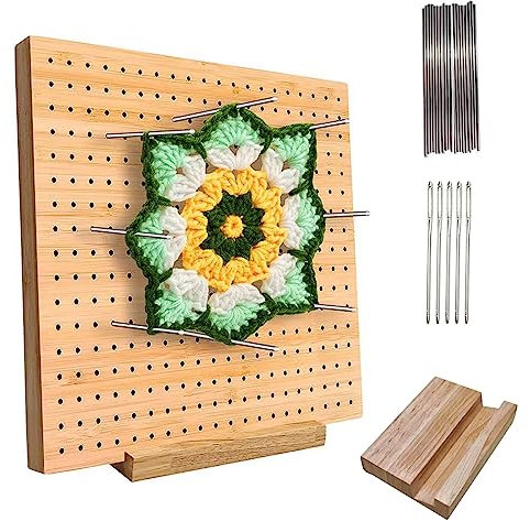 Amfrpar Blockierbrett für Granny Square Crochet Blocking Board Sperrbrett Häkeln Holz Häkelblockierbrett Blockierbrette mit 20 Edelstahl-Stabstiften und 5 Nadeln für Häkel- und Strickprojekte