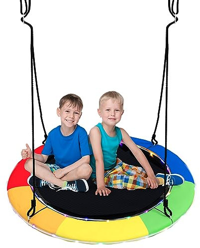 COSTWAY Altalena a Nido 100 cm per Bambini e Adulti, Altalena Rotonda con Luci LED Colorate e 2 Funi Regolabili, Capacità di Carico 300 kg da Giardino Esterno (Colorato)