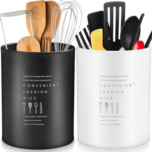 Gicare 2 Stück Küchenutensilienhalter, Behälter für Küchenutensilien, Utensilienhalter Küche, Moderner Besteckhalter, Aufbewahrung Küchenutensilien für Arbeitsplatte Küchenhelfer (Mattschwarz+Weiß)