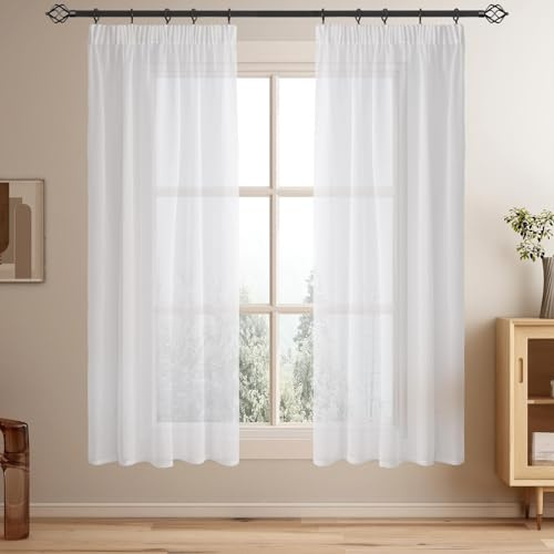 Softalker Gardiner med veckband, gardiner, kort, vit, Stores, gardin, transparent, 140 x 145 cm (B x H) gardin, halsduk, set om 2 för skenor, sovrum, kök, fönster, gardin, gardiner och draperier