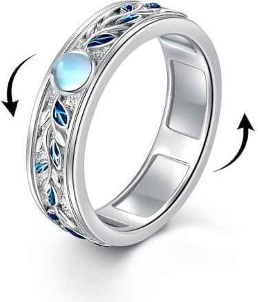 VONALA Fidget Anxiety Rings for Women - Sterling Silver Leaf Moonstone Worry Spinner Anti Stress Mood Rings - Wide Band - 7#