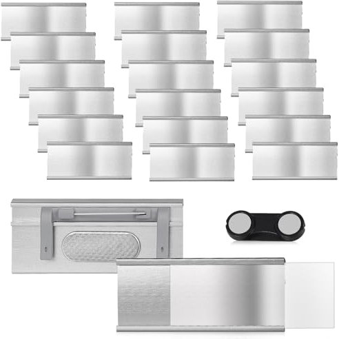 EFUTURETIME 20 x namnskyltar med magnet 72 mm x 31 mm, för kläder med nål för fastsättning, aluminium namnskyltshållare med pappersinsättning för arbete, utställning, restaurang, skola