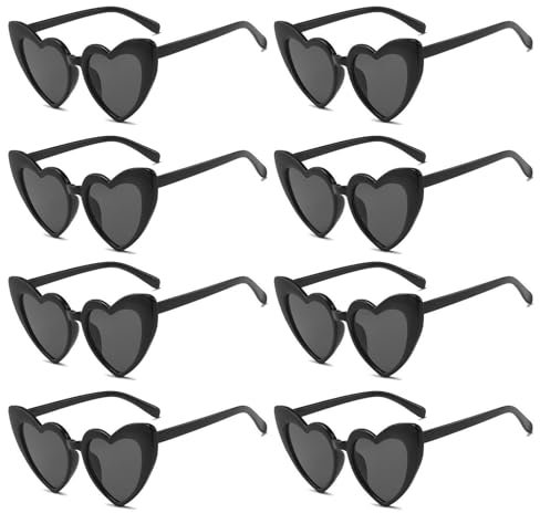 8 Pack Black Heart Sunglasses - Vintage Shaped Eyewear for Women, Men, Kids - Fashion Retro Cat Eye Style for Summer Party, Shopping, Travelling