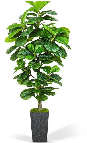 KOPWVA Artificial Fiddle Leaf Fig Tree 6ft, 6 Feet Large Tall Fake Plants Indoor with Modern Style Planter, Artificial Silk Tree for Home Office Living Room Decor Indoor, More Lifelike & Lush (Black)