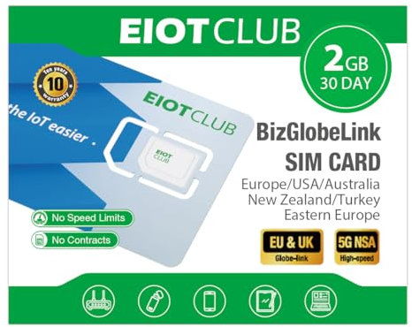 EIOTCLUB Prepaid SIM Card, 2GB Data, Valid for 30 Days, Use in Australia/New Zealand/Turkey/Eastern Europe/the USA & Europe, 5G/4G LTE International SIM Card, No Contracts, Data Only No Phone Number