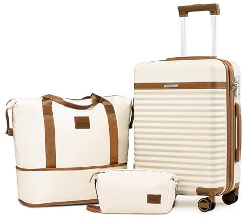 Joyway Kofferset 3 Teilig von ABS Hartschalen Erweiterbar Trolley Kofferset mit 4 Rollen und TSA Schloss Der Handgepäck Sets Enthält 1 Reisetasche und 1 Kulturbeutel Weiß