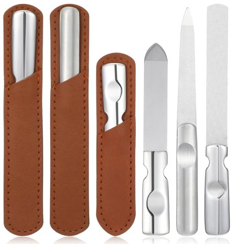 MBAIYO Lime à ongles 3 tailles avec étui en cuir, limes en acier inoxydable double face en métal à pointe pointue, outil de manucure, râpe incurvée professionnelle pour ongles naturels, voyage, salon