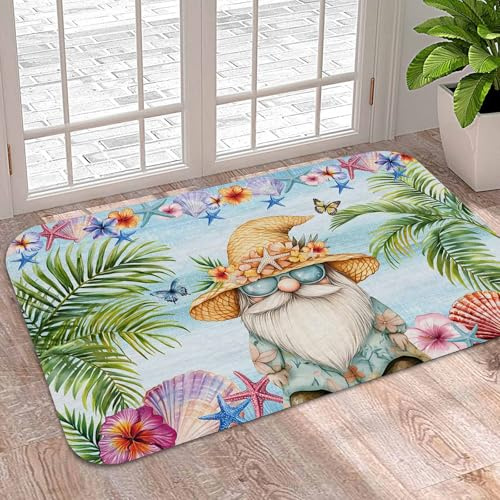 Welcome Doormat Summer Coastal Dwarf Palm Tree, Water Absorbent Bath Rugs Non Slip Indoor Door Mats, Blue Ocean Starfish Washable Floor Carpet for Kitchen Bedroom Entrance