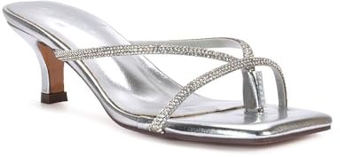 Women's Diamante Sandals Ladies Kitten Low Heel Strappy Toe Post Flip Flop Mule Silver Rhinestore Shoes Size 5
