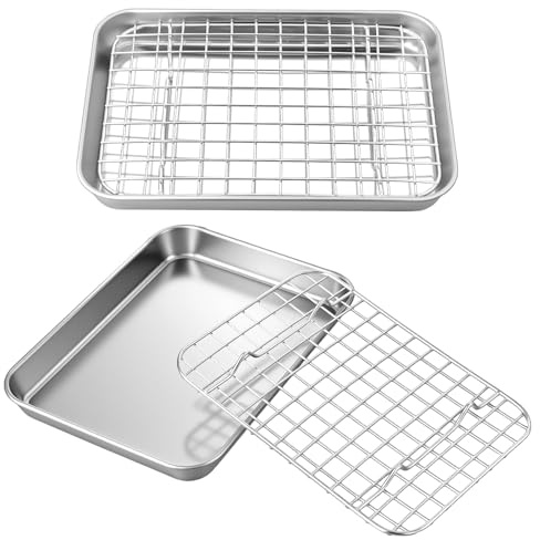 2 stycken bakplåtsset i rostfritt stål med kylgaller | Bakform rektangulär ugnsplåt med galler för bakning och kylning, diskmaskinssäker, 23,5 x 17,5 x 2,5 cm, silver