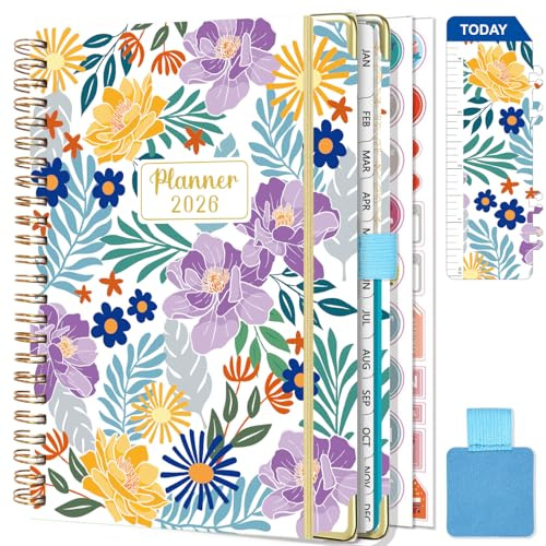 Gumiho Agenda Semainier 2026 Spirale - A5 Planner (Janvier-décembre 2026)-Agenda Scolaire Avec boucle de stylo,Règle Signet & Autocollants de plan (Violet)
