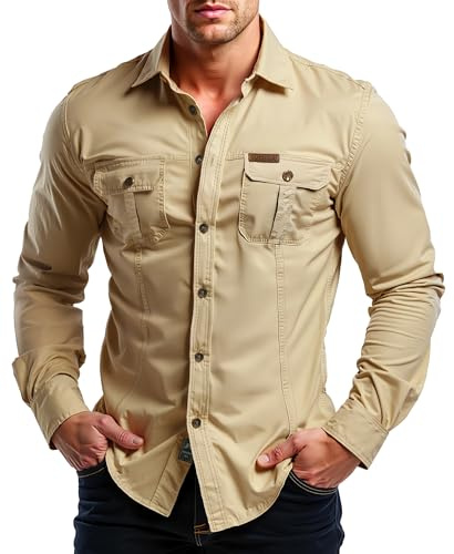 Misfuso Chemises Homme en Coton à Manches Longues Modèle Randonnée Style Cowboy Col Montant Tenue Tactique Usage Extérieur/Travail Look Safari Uni et Décontracté 2 Poches Kaki L