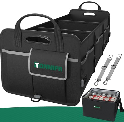 Tonmifr Organizer per bagagliaio con borsa fresca da 20 l, resistente Oxford 600D, pieghevole, per SUV, Hatchback, station wagon, grande capacità (92 L + 20 L), 2 ganci di fissaggio e strisce