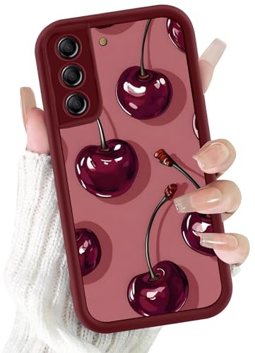 Kivlclri Fodral för Samsung Galaxy S22 5G 6,1 tum, Mobiltelefon Röd Mjuk Silikon Telefonfodral Aesthetisk Röd Körsbärsmönster Teckning Kameraskydd Stötsäkert Fodral för Flickor Kvinnor