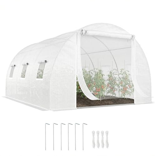 Outsunny Serra da Giardino a Tunnel 4x3x2 m con Porte Avvolgibili e 6 Finestre, Serra per Orto con 2 Rinforzi Diagonali, Struttura in Acciaio e Copertura PE, per Orto Verdure Fiori Frutta, Bianco