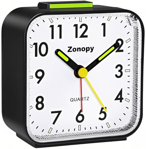 Zonopy Tyst analog väckarklocka med nattlampa, batteridrift, högt larm, snooze, ljus skärm, bärbar design, reseklocka, tillbaka till skolan-handskar
