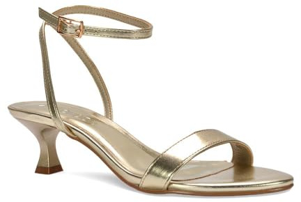 Women Kitten Low Heel Strappy Sandal Ladies Gold Metallic Ankle Strap Two Part Heeled Shoes Size 6