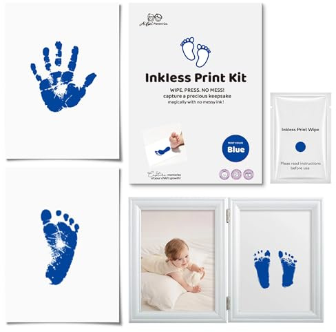 Ai Bei Parent Co. Kit Huellas Bebe Recien Nacido, kit completo para huella pie y mano, 2 Tarjetas de Impresión, cuadro recuerdo original, regalo bebé niño o niña, Regalo de Bautizo o Recuerdo (Azul)
