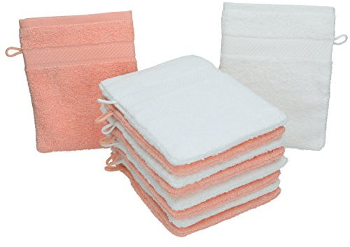 Betz Waschhandschuhe Palermo 10 Stück 16x21 cm – 100% Baumwolle 360g/m² – Weiche Frottee Waschlappen – Pflegeleicht & saugstark – Farbe Weiß/Apricot