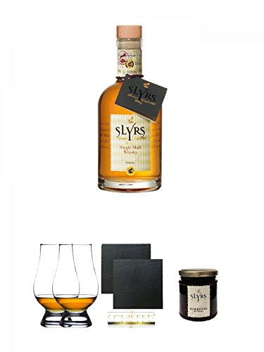 Slyrs Bavarian Whisky Deutschland 0,35 Liter + The Glencairn Glass Whisky Glas Stölzle 2 Stück + Schiefer Glasuntersetzer eckig ca. 9,5 cm Ø 2 Stück + Slyrs Himbeere Marmelade 225 Gramm Glas