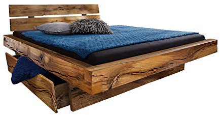 SAM Balkenbett Bennet 160x200cm, Fichte gebeizt + geölt, mit 2 Bettkästen, geteiltes Kopfteil, Holzbett massiv