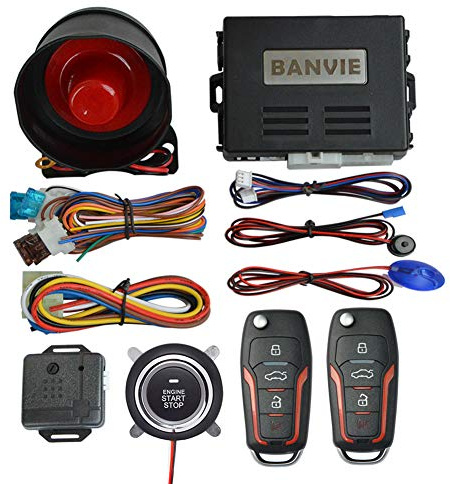 BANVIE ① Car Keyless Entry Security Alarm System + ② Remote Engine Start Starter + ③ Push to Start Stop Iginition Kit Button