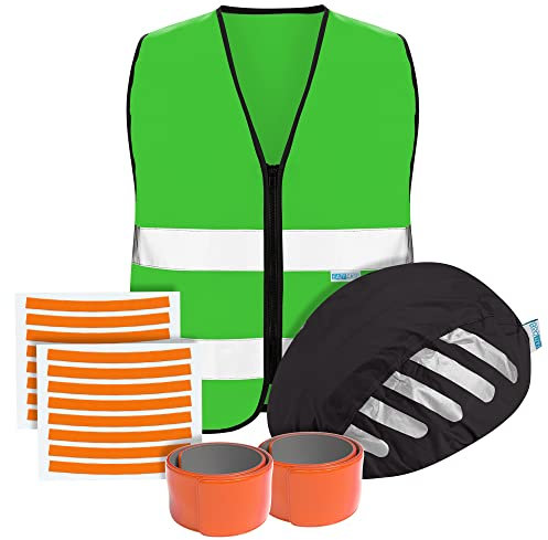EAZY CASE - Reflektor Set für Kinder, Speichenreflektoren Fahrrad, Schnapparmband Kinder, reflektierende Weste und Regenschutz Helm Fahrrad, kleine Geschenke zur Einschulung, Schulset - Orange/Grün