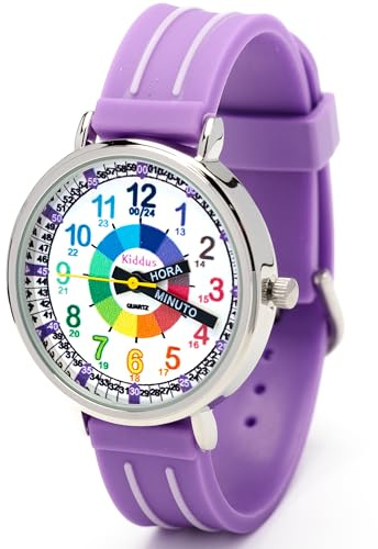 Kiddus Orologio Educativo per Bambini. Da Polso, Analogico. Con Esercizi per Imparare a Leggere l’Ora. Disegnato a Barcelona Español Lila