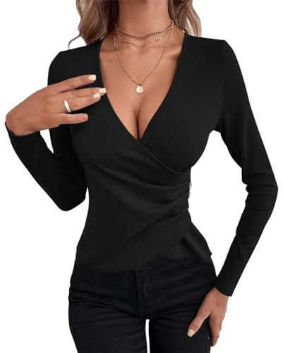 EMOTTOS Damen Sexy V-Ausschnitt Tops, Slim Fit Cross Wrap Oberteile Weiche Crop Tops mit Tiefem V und Langen Ärmeln, Knopf Tunika Shirt mit Gerafftem Saum, Modisches Skinny Y2K Tee Shirt(Schwarz-M)