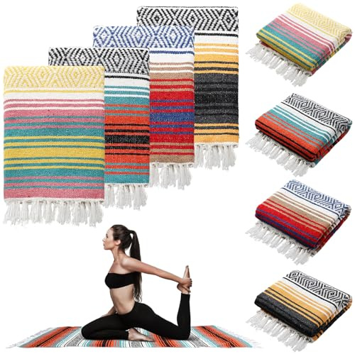 Preboun 4 Pcs Large Mexican Yoga Blanket Pack 45 x 70 Inch Thick Woven Camping Picnic Beach Car Travel Throw Blanket Outdoor Patio Mat Towel(Yellow, Blue, Orange Green, Pink Blue)