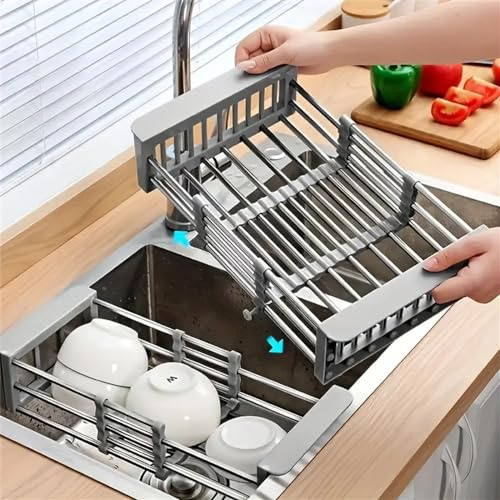 VchicS Drain Rack, Telescopic Draining Basket, Kitchen Basket, Restaurant Dish Rack, Retractable Sink Shelf, Suitable for Rectangular Sink