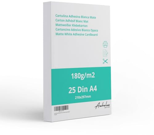 25 mattweiße Klebekartons 180g im Din A4-Format (21 x 29,7 cm), Packung mit 25 Blatt, selbstklebender Karton, ideal für die einfache Haftung auf einem Starren Untergrund