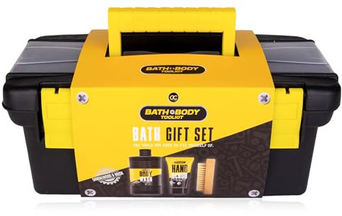 Accentra Geschenkset BATH + BODY TOOLKIT für Männer, 400ml Duschgel, 50ml Handpeeling und Holznagelbürste in einem coolen Werkzeugkoffer verpackt