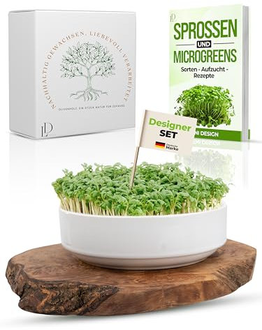 LeniDesign große Keimschale 17cm - Kresse Anzuchtschale für Sprossen, Kressesamen und Microgreens - Design Kressesieb - Mit Olivenholz und Edelstahl Kressesieb (17cm)