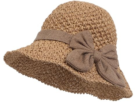 JIAHG Chapeau de Paille Femme Pliable été Chapeau de Soleil Dame avec Nœud Papillon Chapeau Melon Souple Respirant Capeline de Plage Voyage Camping