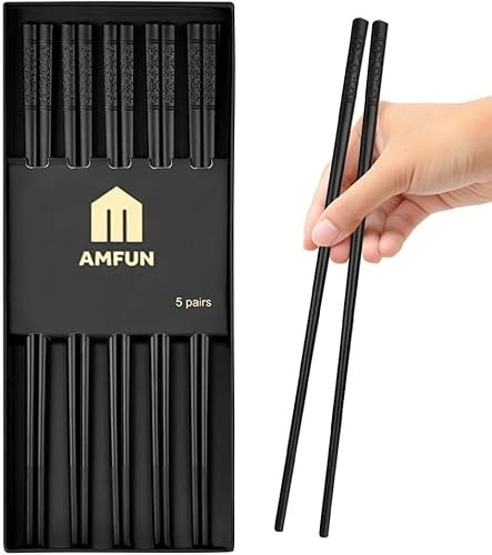 AMFUN 5 pares Palillos Chinos de Fibra de Vidrio, Aleación Reutilizable Palillos Negros, Reutilizable Juego de palillos antideslizantes, para lavavajillas Aptos, para la Cocina los de Restaurante