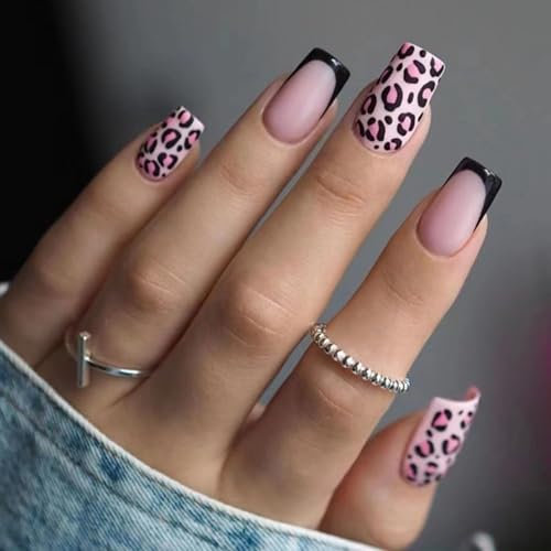 Ceboic 24 Pièces Carrés Faux Ongles Français Moyen, Ongles à Coller avec un Motif Rose Léopard, Reutilisable Glossy Press on Nails Couverture Complète Bâton sur Ongles pour Femmes Filles