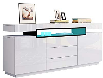 Ikewaier Weiß Sideboard mit Led Lights, 160cm, 2 Türen, 3 Schubladen, Hochglanz Schrank, Holz TV-Ständer Schrank für Wohnzimmer, Esszimmer