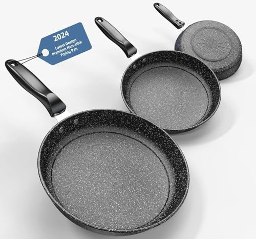 Kiseely Nonstick Fry Pan Skillet Set, 26cm+28cm+30cm Cast Iron Skillet 3 Pieces Set for Cooking, Professional Frying Pans Nonstick with Stay Cool Handle, PFAS-Free, Dishwasher Safe (NI3)