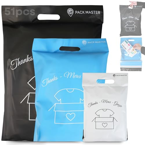 x51 Emballage colis vinted POIGNÉE+BORDEREAU - pack 3 TAILLES S/M/L - Blanc/Bleu/Noir - 200% RÉSISTANT pochette envoie colis vinted Vêtements/Livres/Chaussures/Objets pochette colis - Pack Master