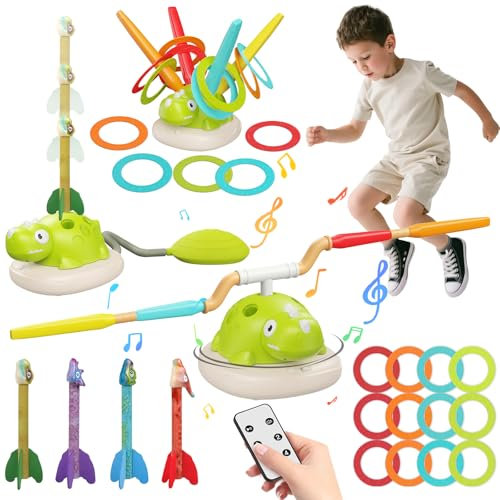 Kids Garden Games Toys Set, 3 in 1 Musical Jump | Ring Toss | Dinosaur Launcher - Indoor & Outdoor Sports Toys Gifts for 3 4 5 6 7 8 9 10 11 12 Year Old Boys Girls Toddlers
