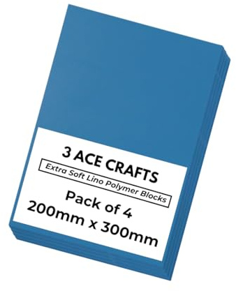 3 Ace Crafts 200mm x 300mm Double Sided Thick Lino Sheets (Pack of 4) - 3.2mm Extra Soft Polymer Blocks, Polymer Sheets for Printing, Carving Art and Craft, Printing Tiles, Soft Lino Printing Sheets