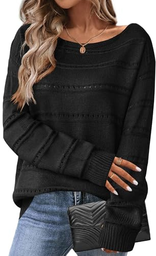 HOTOUCH Maglioni da donna a maniche lunghe autunno inverno maglione morbido traforato pullover top lungo spalle scoperte lavorato a maglia, Nero , M