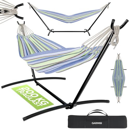 GARMIO® Hängematte gestreift blau-grün, 270 x 110 cm, klappbar mit Stahlgestell, 200 kg Tragkraft, inkl. Tragetasche & Zubehör für Garten oder Balkon