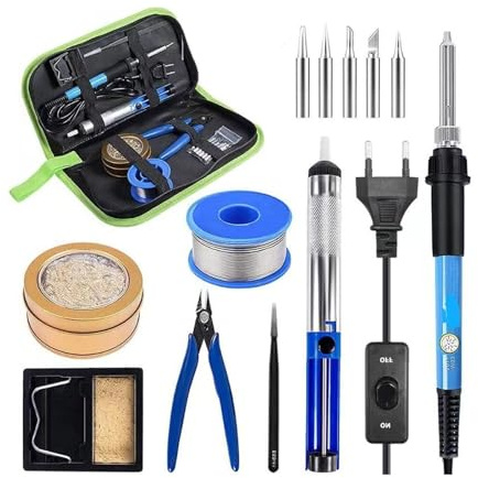 Soldering Iron Kit, 60W LCD Adjustable Temperature 200-450°C and ON/Off Switch, 15 in 1 Electric Soldering Iron Kit Welding Tool, 5 Soldering Tips, Desoldering Pump, Wire Stripper Cutter, Stand, Tweez